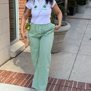 Green Striped Pants and White Clover T-Shirt